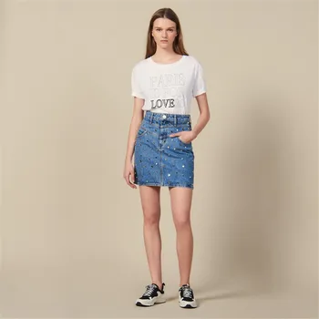 

French S Elegant Fall/Winter 2019 New Fashion Rivet Washed A-Word Denim Retro Half-length European Short Skirt Women