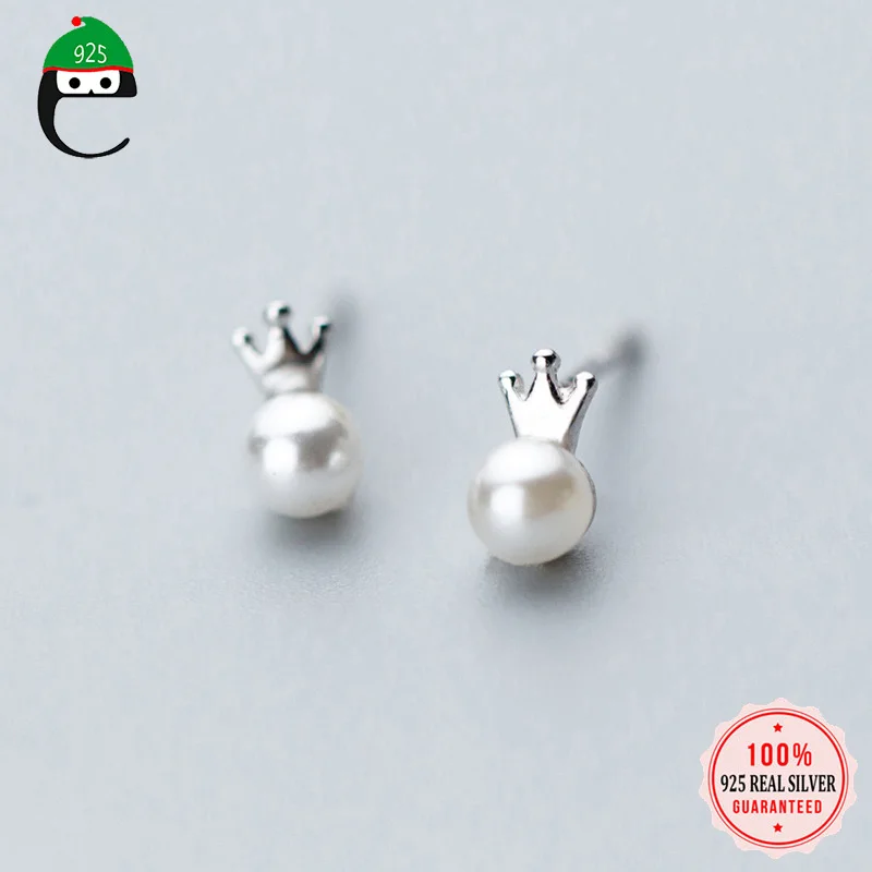 

ElfoPlataSi 100% 925 Sterling Silver Tiny Crown Synthetic Pearl Stud Earring For Women Sterling Silver Fine Jewelry Gift XY780