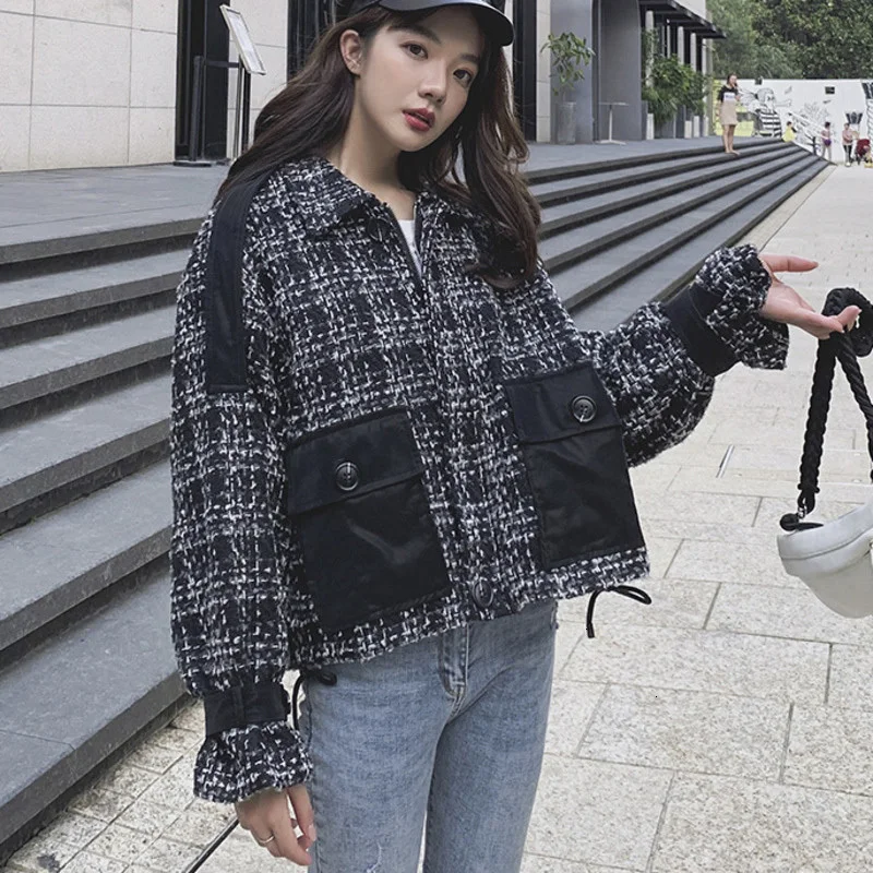 

LANMREM 2020 Spring New Fashion Lapel Colorblock Double Pocket Plaid Loose Tweed Woolen Coat Female PB653