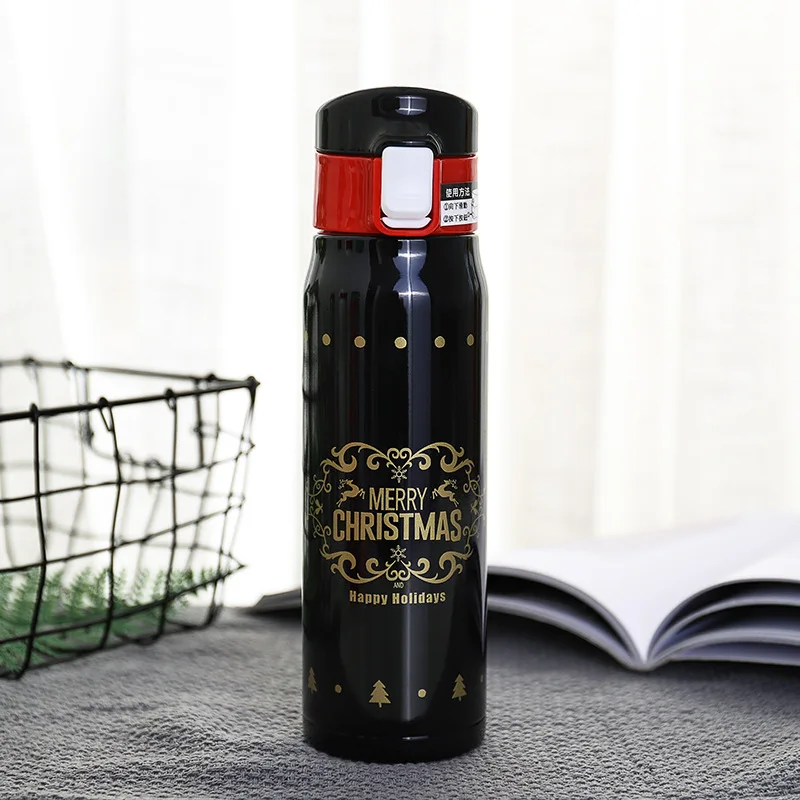 FUNBAKY, Рождественская Термокружка с автоматической пряжкой, термос для кофе, чая, бутылка из нержавеющей стали - Цвет: L-8029-black