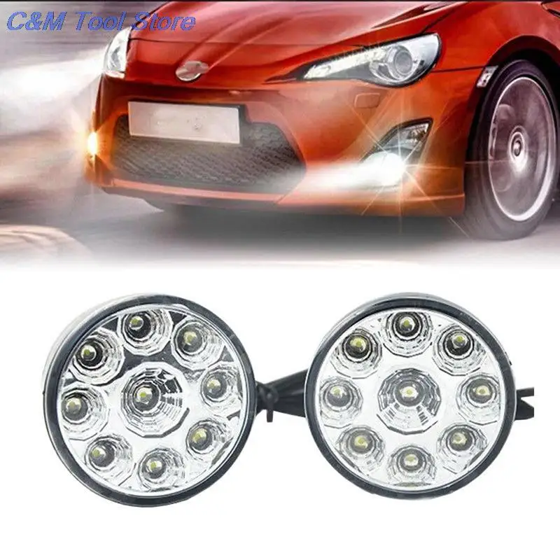 New 2 Pcs/lot Good Quality 9LED DRL Round Car Fog Lamp Driving Daytime Running Lights Head Light White