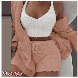 2022Women Coral Velvet Pajamas Set Spring Autumn Winter Pajamas 3 Three Piece Set Sleepwear Tops Shorts Coat Suit
