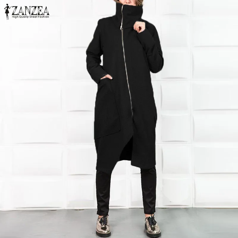 

ZANZEA Women Autumn Turtleneck Long Sleeve Sweatshirt Coats Casual Zipper Long Jackets Loose Winter Coats Irregular Outwear