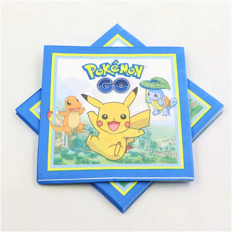 Pokemon Birthday Party Supplies Tableware Set Party Paper Plates Cup Napkins Pokemon Party Balloon Decorations Hats Flags Candle - Color: Napkin-20pcs