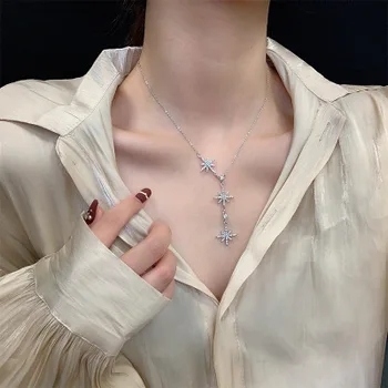 

Fashion Women Jewelry Set Simple Clavicle Chain Six Star Pendant Necklace Crystal Bracelet 2pcs/Set