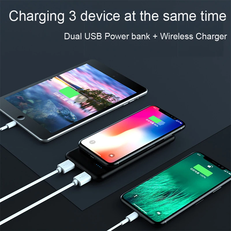 Qi Беспроводное зарядное устройство, внешний аккумулятор 10000 мАч для iPhone Xiaomi Mi 9, портативная быстрая зарядка, внешний аккумулятор
