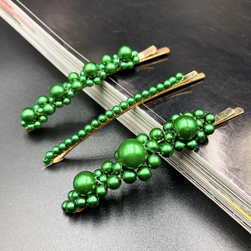 Green Pearl Hairpins Metal Geometric Hair Clips for Women Christmas Accessories Barrettes Gold Color Girls Hairgrip | Аксессуары для