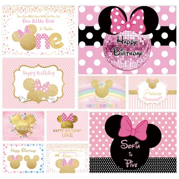 

Allenjoy Cute Mouse Backdrop Happy Birthday girl baby shower party decoration photography Bow Princess Circle Banner Background