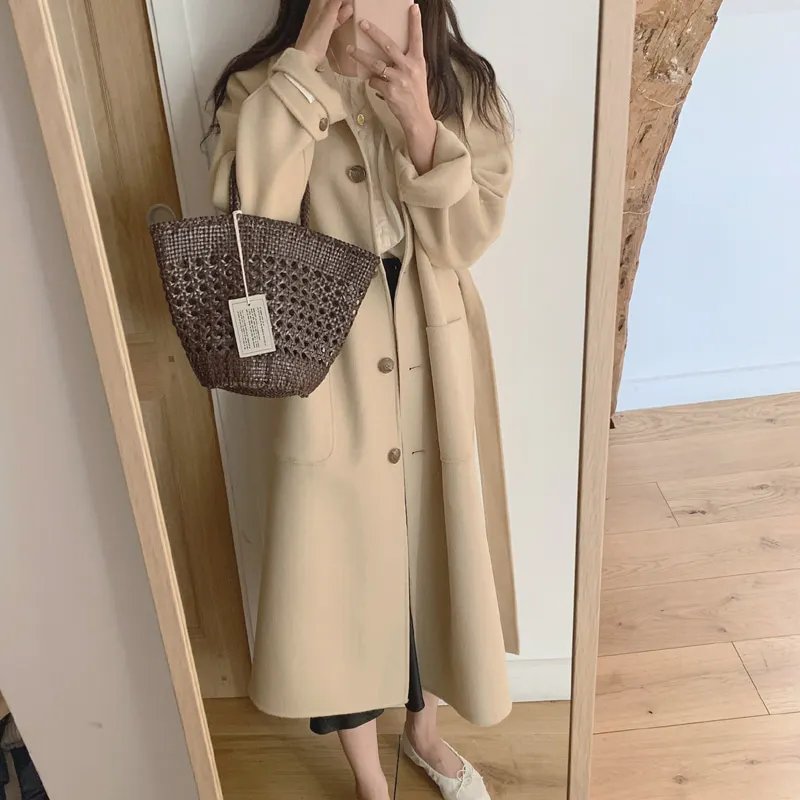 Brief Vintage Women Wool Blends Long Coat Peter pan Collar Alt Coats Outerwear Gray Apricot 7165