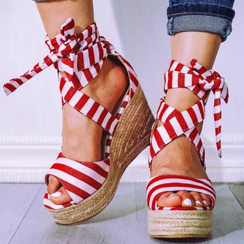 

SARAIRIS INS HOT 2020 Drop ship Summer Shoes Straw Platform Wedge High Heels Striped Chains Sandals Women