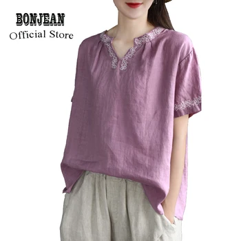 

Women Cotton Linen T Shirt Tops Tees Big Loose V Neck Retro Vintage Fashion Casual for Spring Summer AZ33201417