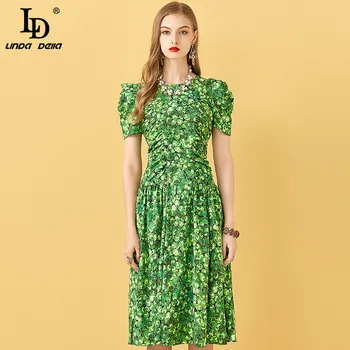 

LD LINDA DELLA Fashion Designer Boho Summer Dress Women Puff Sleeve Elastic waist Floral Print Vacation A-line Ladies Midi Dress