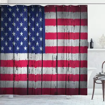 

USA Shower Curtain, Fourth of July Independence Day Grunge Art Aged Hardwood Wall Looking Art, Cloth Fabric Bathroom Decor Set