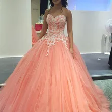 Бальное платье бальное платье без бретелек Quinceanera Коралл Тюль Свадебные платья цвета слоновой кости аппликации сладкий 16 платье День рождения платья Vestidos De Quinceanera