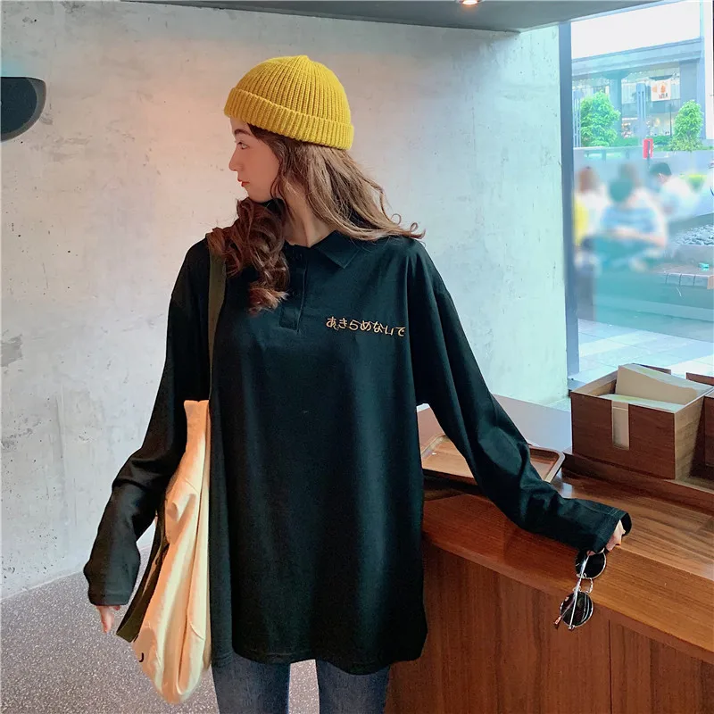 Женская свободная рубашка поло с вышивкой длинным рукавом натуральный цвет