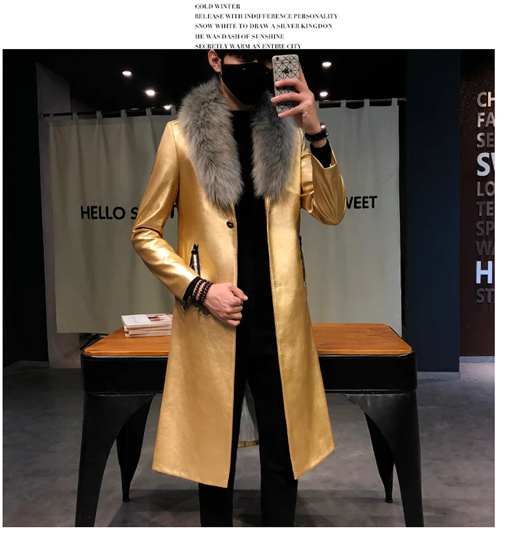 Мужские пальто, роскошные длинные золотые пальто Veste Homme, приталенные пальто Chaqueta Cuero Hombre, большой меховой воротник, мужские пальто из искусственной кожи