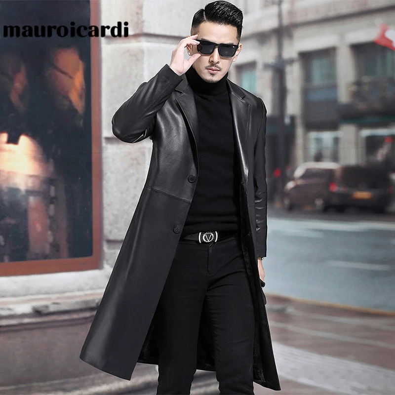 Mauroicardi Spring Autumn Long Black Mens Leather Blazer Jacket