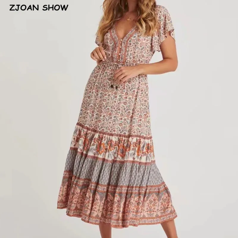Bohemia Location Floral Print Women BOHO Dress Holiday Button V neck