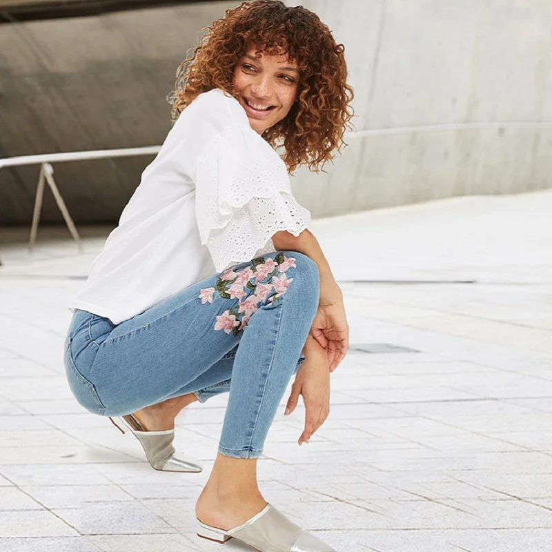 

Embroidery Push Up Slim Jeans Woman Stretch Denim Push Up Solid Wash Skinny High Waist Trousers Fall 2019 New Arrival Sale Items