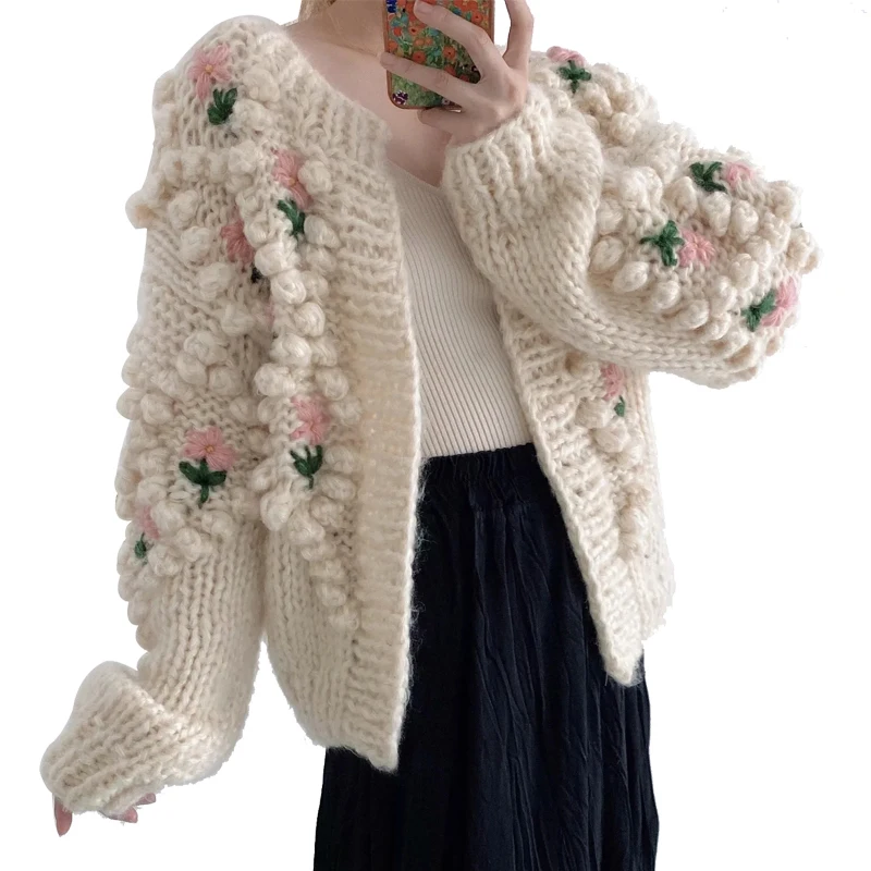 

2020 Autumn Winter Hand Knitted Warm Sweater Long Sleeve Tops Coat Cardigans Flower Knitting Casual Women Open Stitch Cardigans