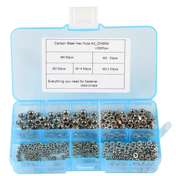 

250 Pcs/Set M1.6 M2 M2.5 M3 M4 Carbon Steel Hex Nut Assortment Kit Hexagon Nuts Metric Thread Assortment Kit
