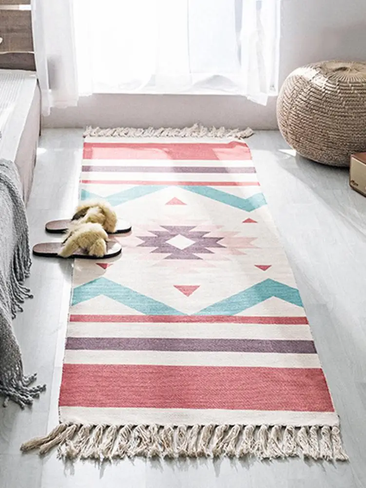Cotton Tassel Woven Carpet Bohemian Style Floor Mat Door Bedroom Decorative Blanket Tea Living Room Carpet Rug
