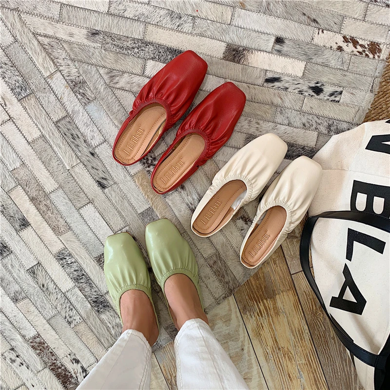 Closed Toe Mules Women Pleated Leather Low Heels Slippers Comfortable Slip on Slides Shallow Loafers Shoes Apricot Red Green | Обувь