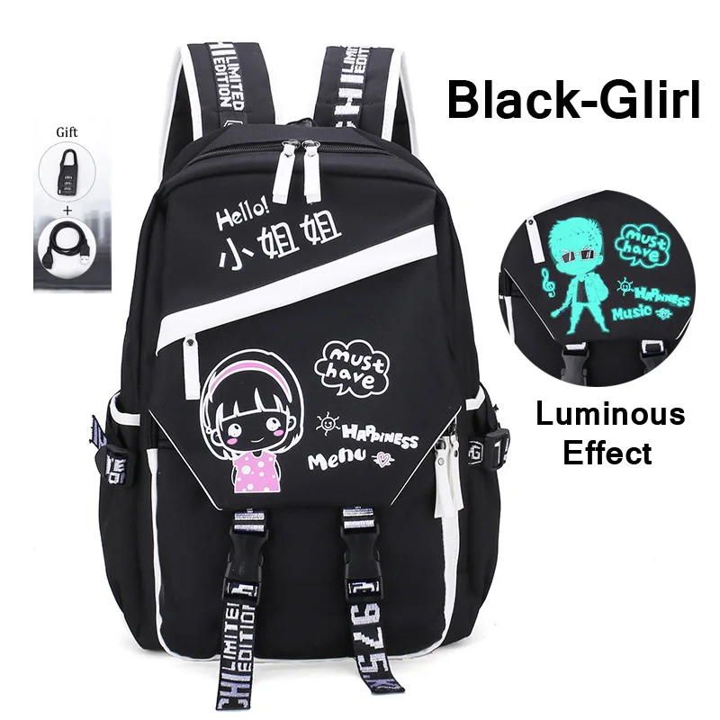 Black-Girl Рюкзак для мужчин USB Смарт Зарядка порт светящийся ноутбук школьная сумка модный тренд девушка путешествия рюкзак#197292 - Color: Black-Girl