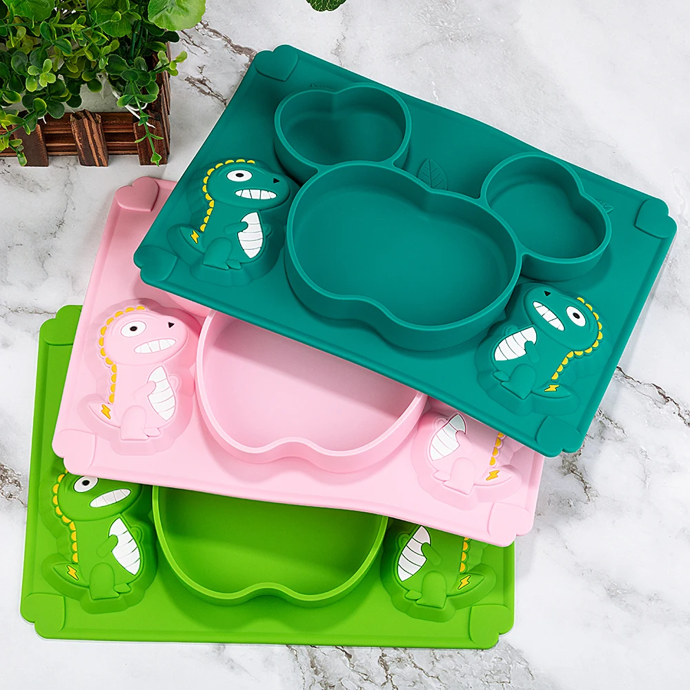 Bebê silicone placa dinossauro dos desenhos animados colher macia alimentação utensílios de treinamento crianças conjunto de utensílios de mesa de silicone