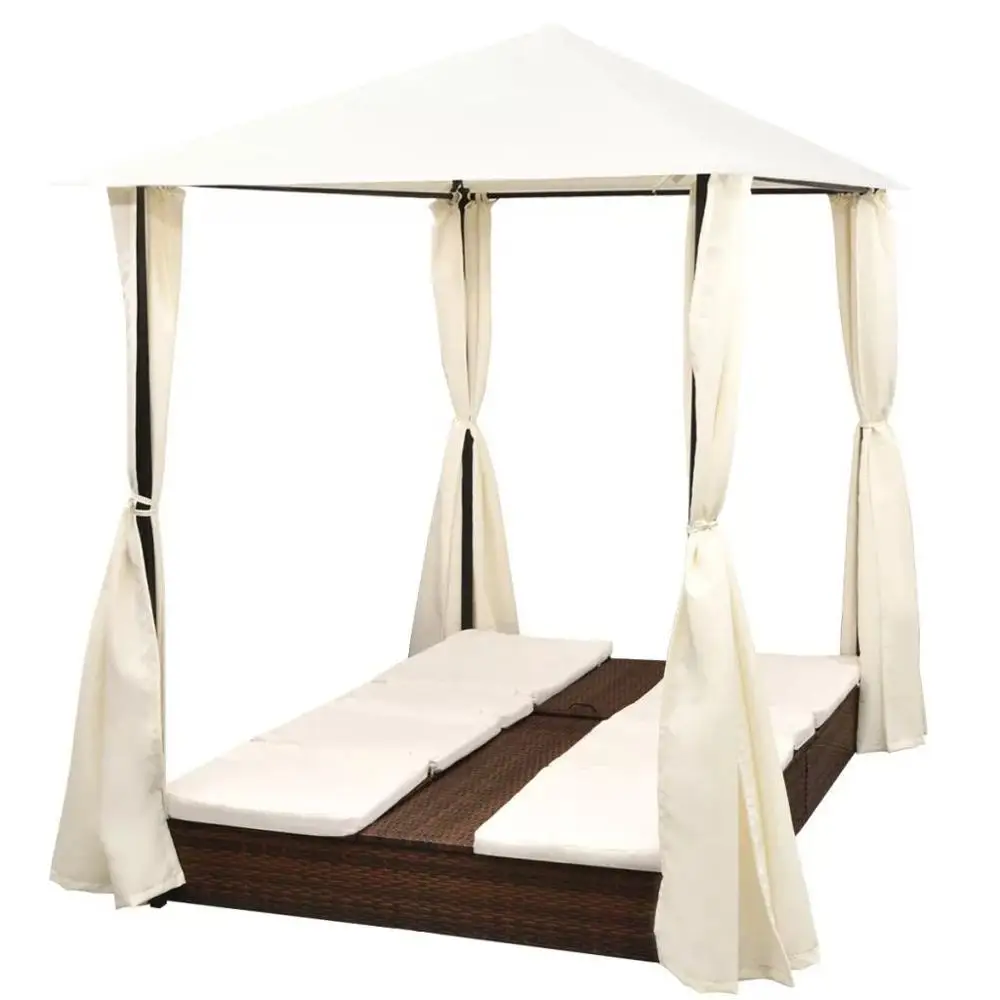 

Double Sun Lounger with Curtains Poly Rattan Brown 1 Double Daybed with Canopy 2 Large Cushions and 1 Set of Curtains
