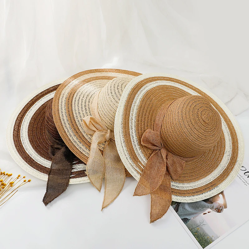 

Summer Women Beach Straw hat patchwork ribbin belt sun hat Casual Foldable Sun Hats Sun Block UV Protection 2020 new