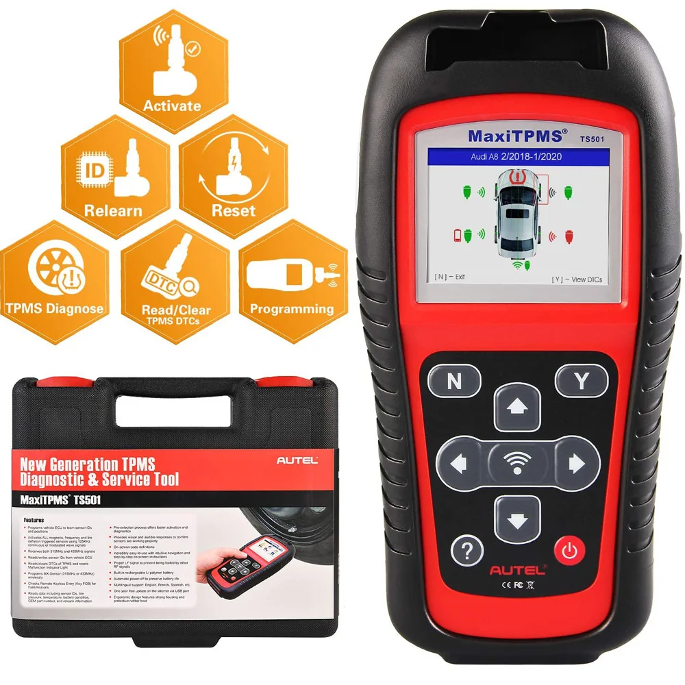 Autel maxitpms ts501 reaprender ferramenta tpms reset, tpms diagnosticar, leitura/clear tpms dtcs, ativação do sensor, programa mx-sensor, chave