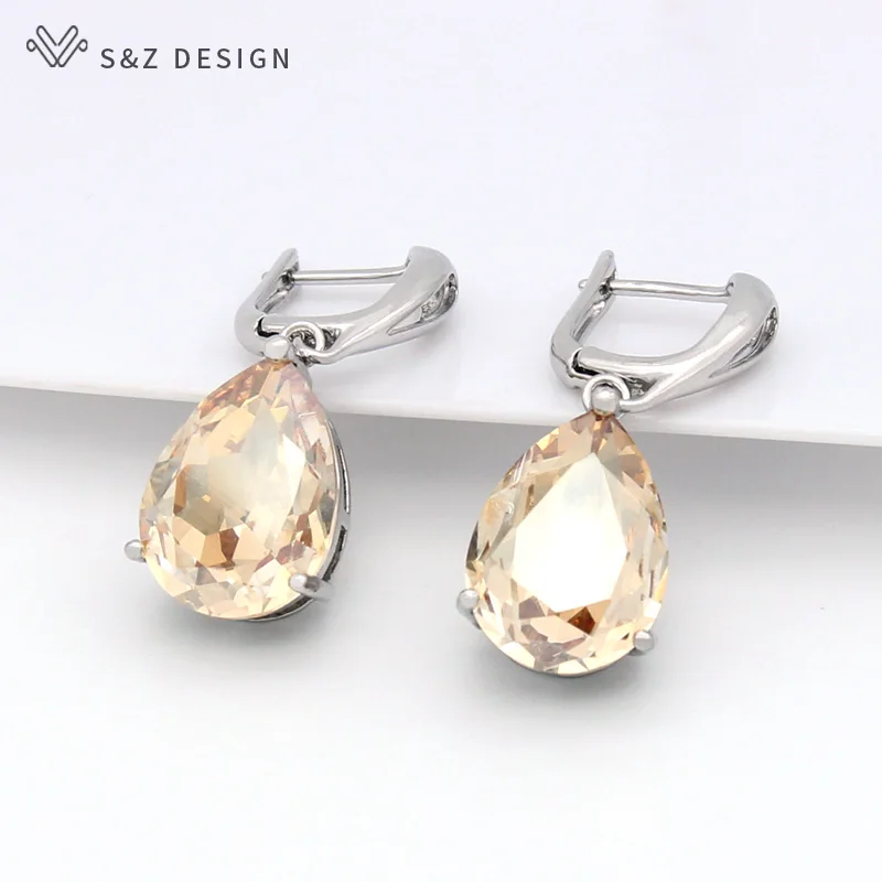 S&Z DESIGN New Fashion Water Drop Big Crystal Dangle Earrings For Women Wedding Jewelry Gift 585 Rose Gold Color Eardrop