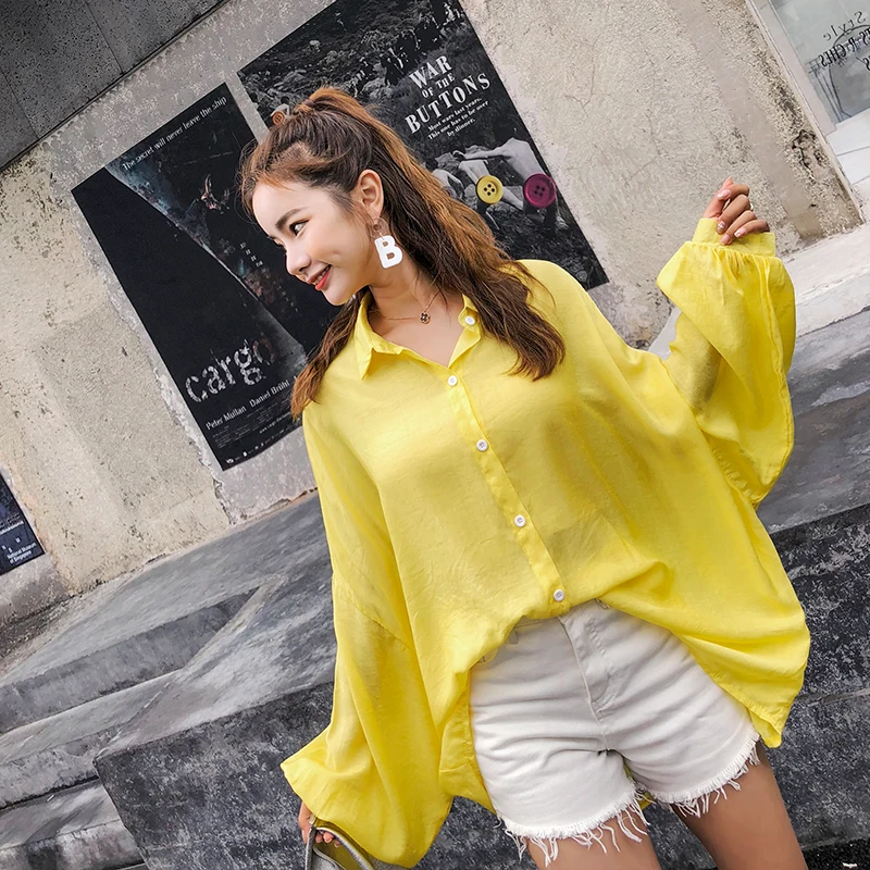 COIGARSAM 4XL Plus Size Loose Shirt Womens tops New Spring Summer Puff Sleeve Women shirts White Purple Yellow 8812