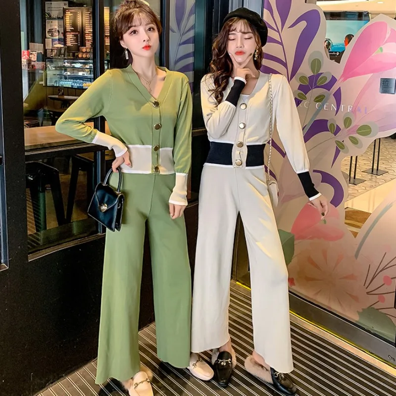 

2019 Autumn New Arrival Women's Fashion Sets Casual Hit color V-Neck Knitting Cardigan Button Sweater And Casual Pants