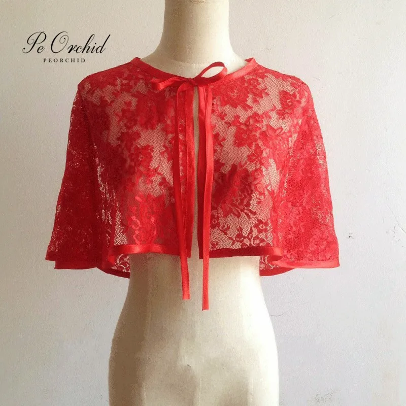 

PEORCHID Red Lace Shawls And Wraps Wedding Cape Black Ivory Bolero Sposa Bridal Shrugs Womens Evening Party Jackets For Dress