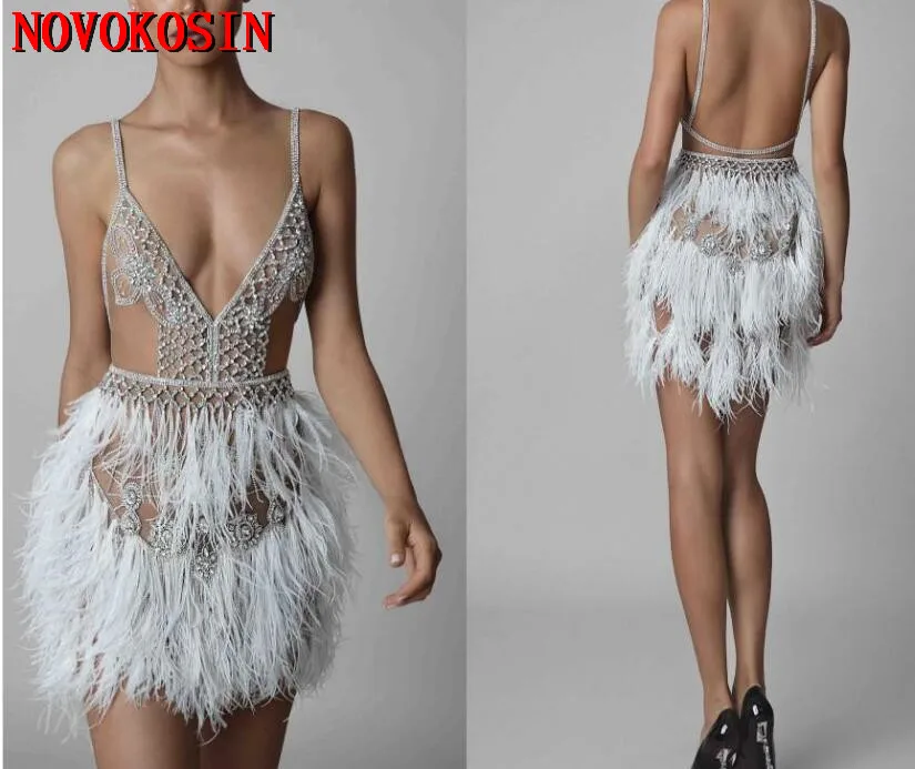 

2020 Ostrich Feather Sexy Cocktail Dresses Deep V Neck Backless Beading Crystal Prom Gowns Illusion Short Formal Evening Dress