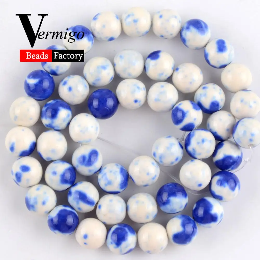 Blue White Spot Натуральные дождевые цветы из камней бусины для изготовления ювелирных изделий розовый синий, фиолетовый, зеленый Круглые бусины ожерелье самодельное браслет 4 мм-12 мм 15'' - Цвет: Blue White Spot