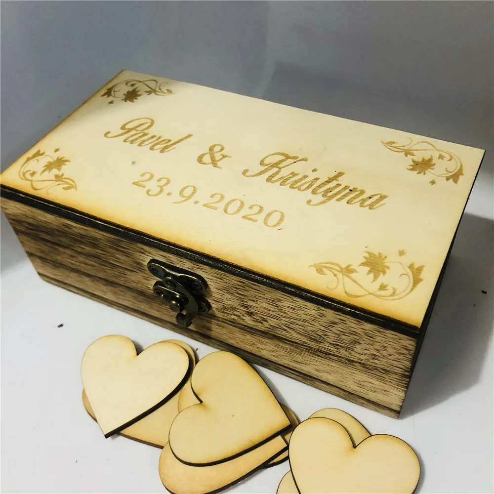 Персонализированная Свадебная Гостевая книга с сердечками, пользовательское имя и дата деревянная коробка для ключей, деревенская Выгравированная Свадебная Гостевая книга коробка