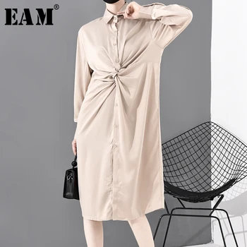 

[EAM] Women Satin Knot Split Joint Temperament Shirt Dress New Lapel Long Sleeve Loose Fit Fashion Tide Spring Autumn 2020 S951