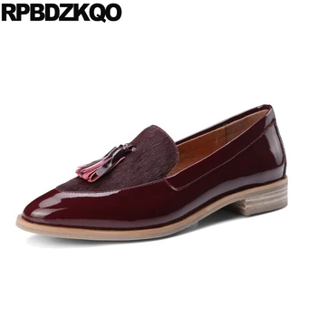 

chunky pointed toe 2019 thick handmade genuine leather block pumps low heels wine red patent elegant women shoes fringe black