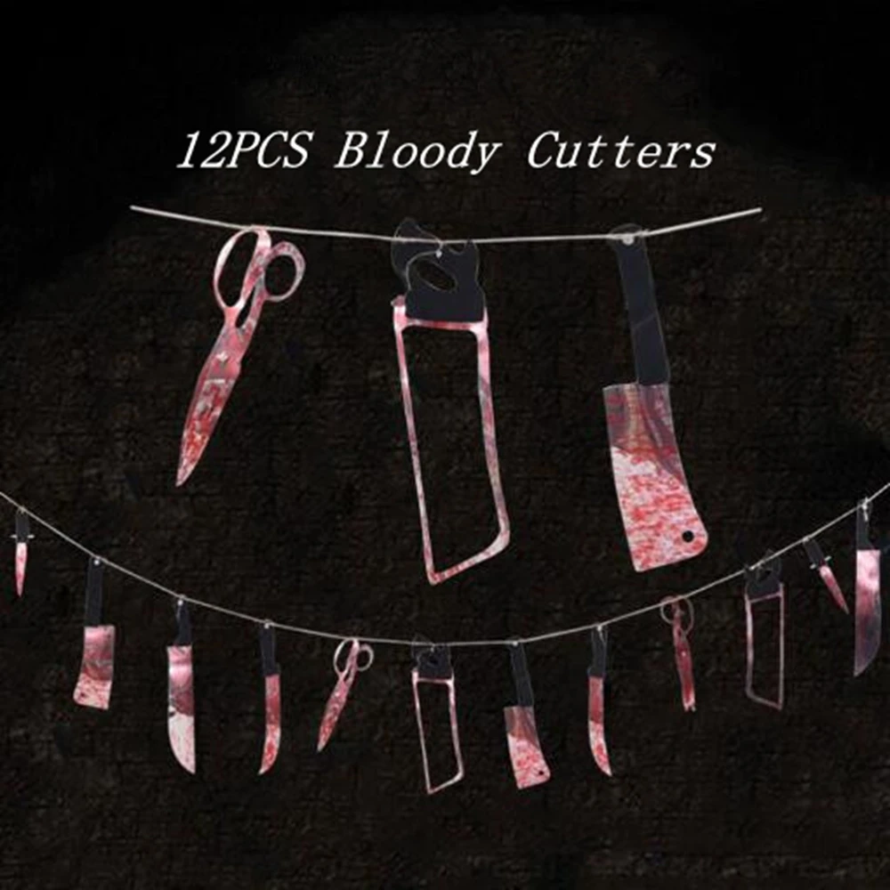 

Halloween Blood Knife Tools Sets Horror Haunted House Hanging Knife Garland Banner Spooky Halloween Decoration 12pcs/lot TJM9130