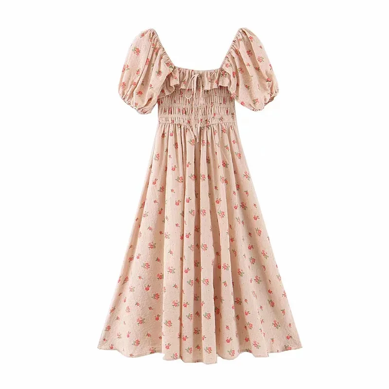 TEELYNN, винтажное платье с гофрированным бюстом, с пышными рукавами, boho, платья средней длины для женщин, хлопковое летнее платье с цветочным принтом, богемное платье