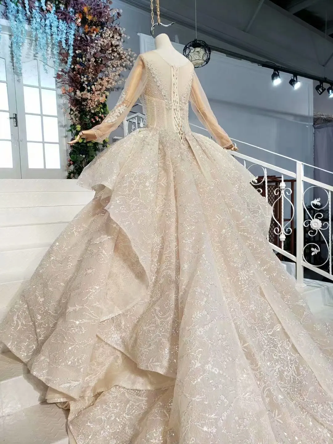 BacklakeGirls Vestido De Noiva Com Manga шампанское круглый вырез полный рукав Королевский поезд принцесса свадебное платье с жемчужными кристаллами