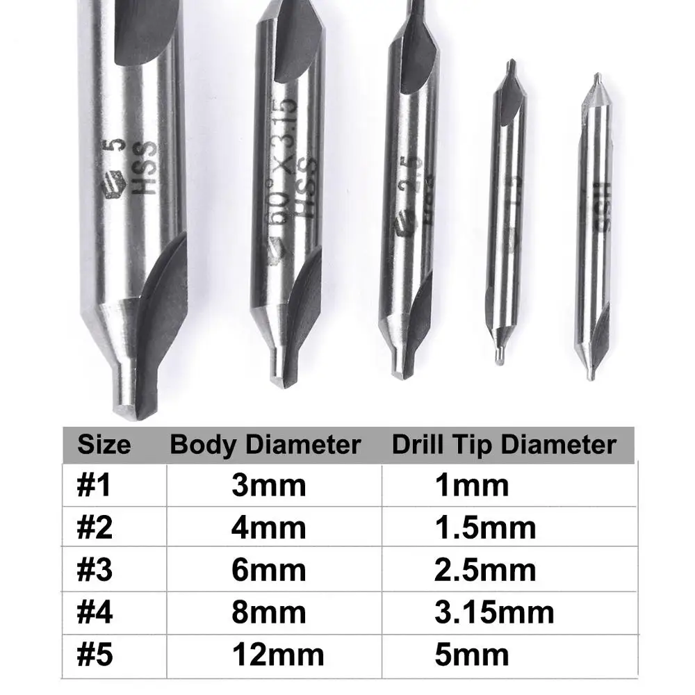 5Pcs Metric 1mm 1.5mm 2.5mm 3.15mm 5mm HSS Combined Center Drill Bits