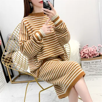

2019 Women Wool Knitted Suit Soft Thick Warm Spring Winter Striped Knitted Sweater Pullovers + Skirt 2 Piece Set Yellow W1612