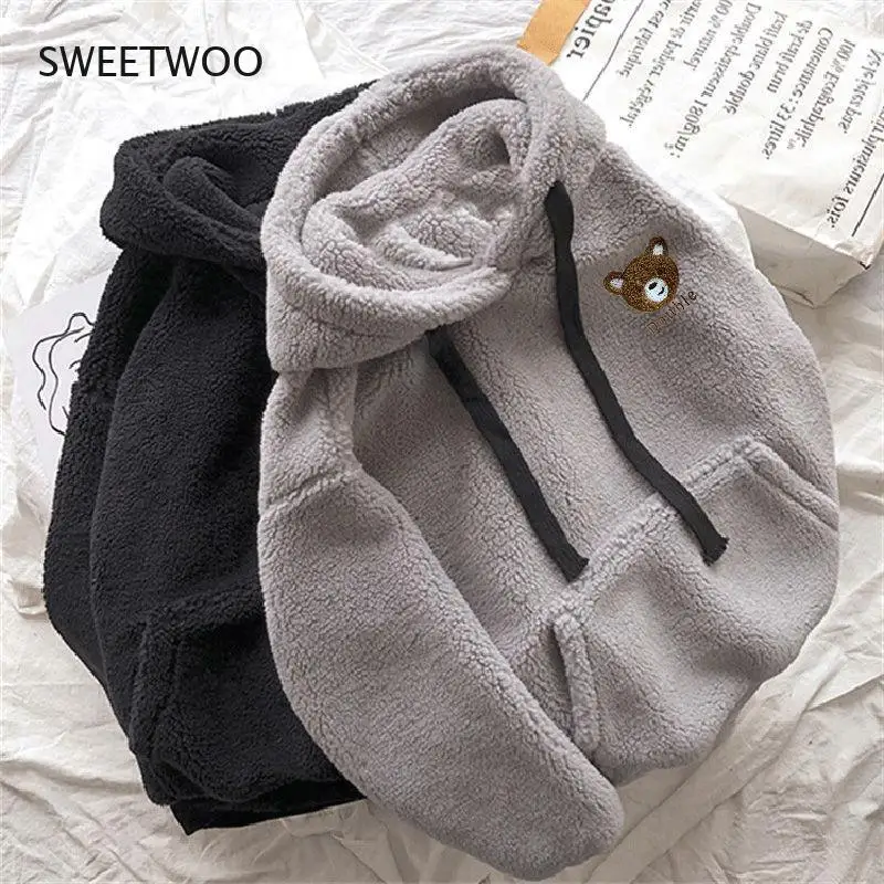 Kawaii Cartoon Bear Sweatshirt Hoodie Women's Autumn and Winter Plush Warmth Fluffy Pullover Pajamas Loose Soft Hooded Top