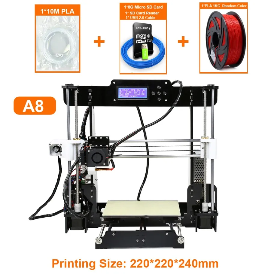 Горячая с фабрики Anet A8 Cura настольный 3d принтер с sd-картой 2004 lcd низкая шумная Высокая точность с sd-картой печати 220*220*250 мм - Цвет: A8 With 1KG PLA