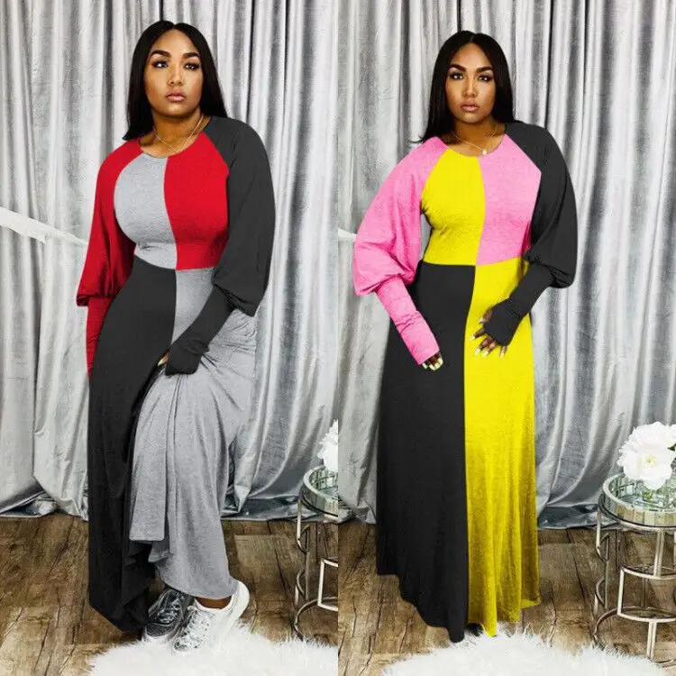 

Spring Autumn Vintage Plus Size Straight Patchwork Lantern Sleeve Women Long Maxi Party Elegant Dress