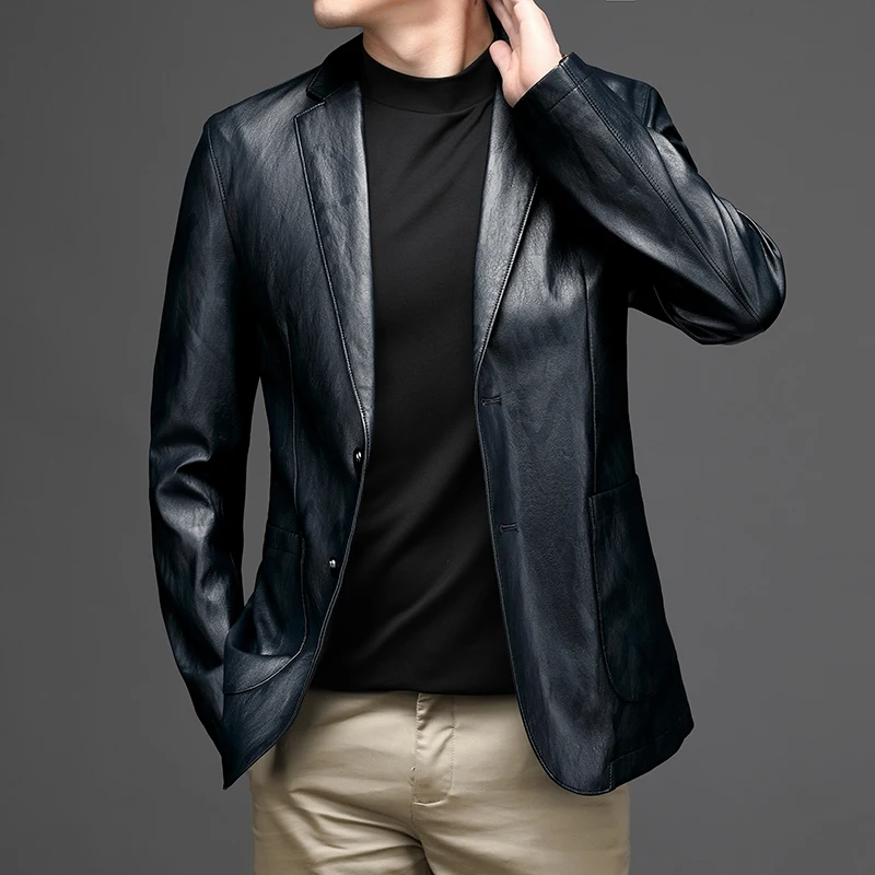 Men Faux Leather Blazer Jacket Coat Top Outwear Casual Black Fashion New